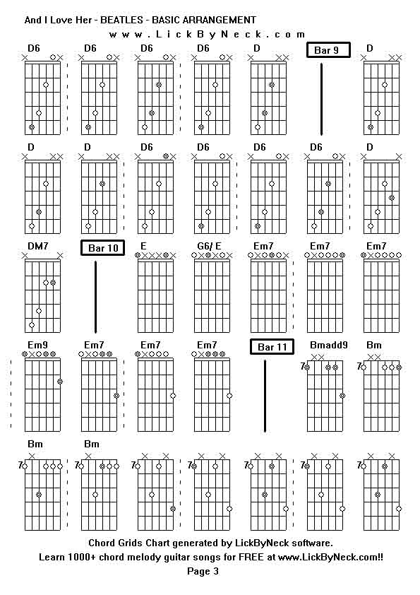 Chord Grids Chart of chord melody fingerstyle guitar song-And I Love Her - BEATLES - BASIC ARRANGEMENT,generated by LickByNeck software.